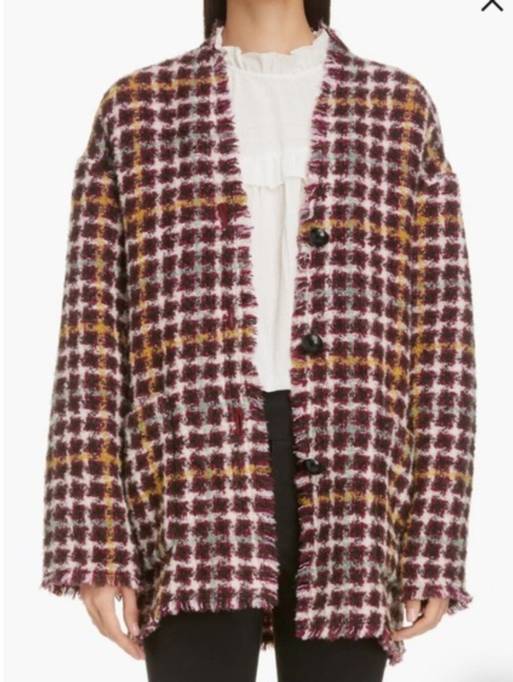 Isabel Marant Dianaly Checked Plaid Tweed Cardigan Coat Fringe Edge FR 40 US 8